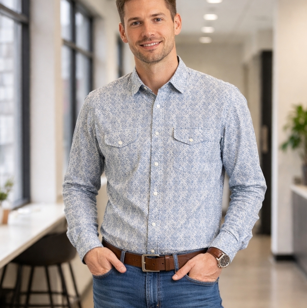 Panhandle Light Blue Paisley Button Down Shirt, Size M – Classic Western Style